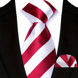 White Red Classic Luxury Stripes Tie Handkerchief Set
