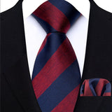Blue Red Classic Luxury Stripes Tie Handkerchief Set