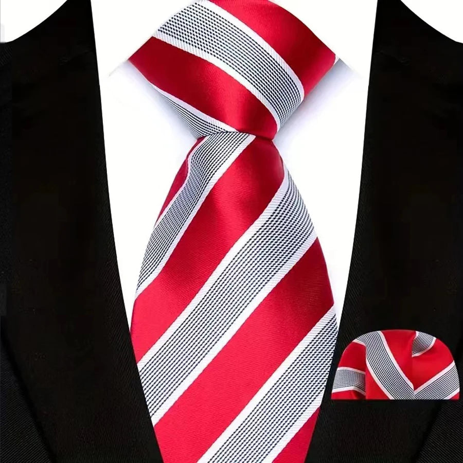 Red Classic Luxury Stripes Tie Handkerchief Set