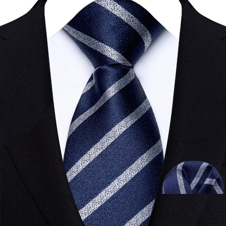 Classic Navy Polka Dot Stripes 8cm Hanky Tie Set