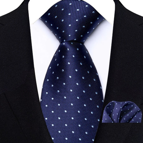 Classic Navy Polka Dot Stripes 8cm Hanky Tie Set