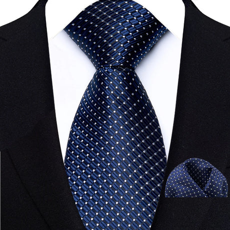 Classic Navy Polka Dot Stripes 8cm Hanky Tie Set