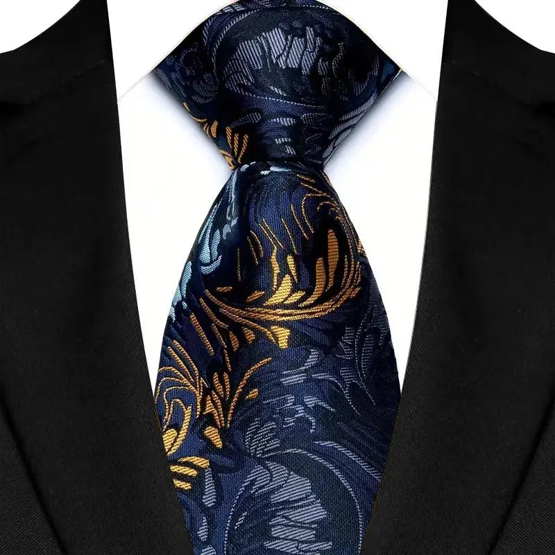 Blue Gold Classic Paisley Floral Dot 8cm Jacquard Necktie