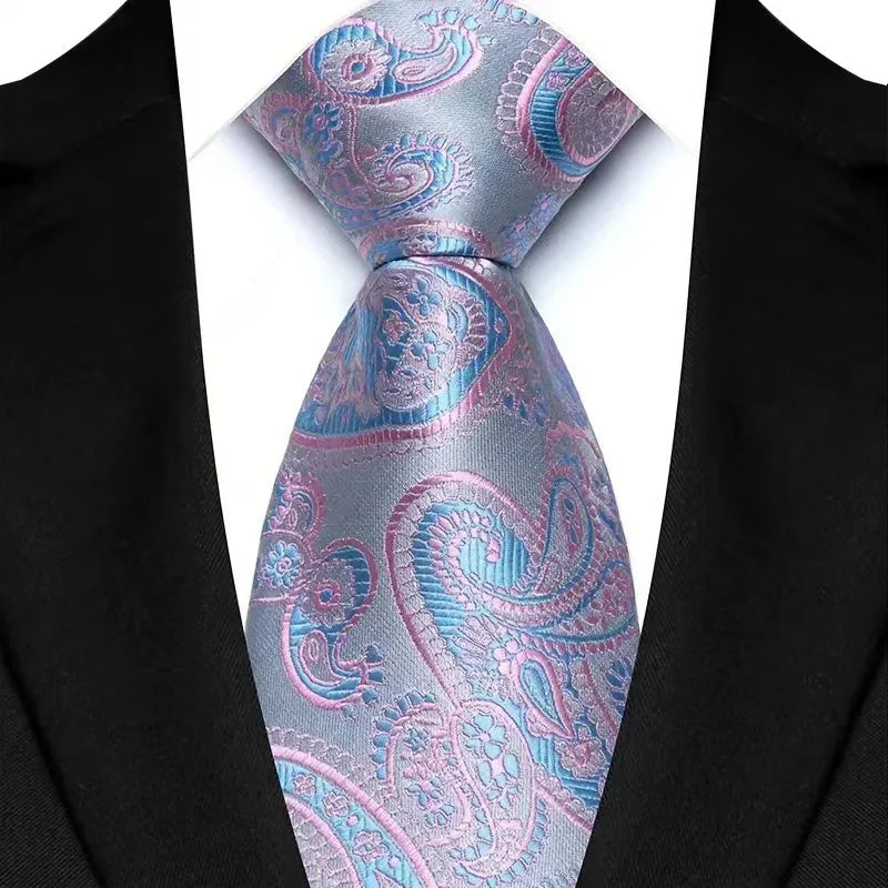 Silver Pink Classic Paisley Floral Dot 8cm Jacquard Necktie