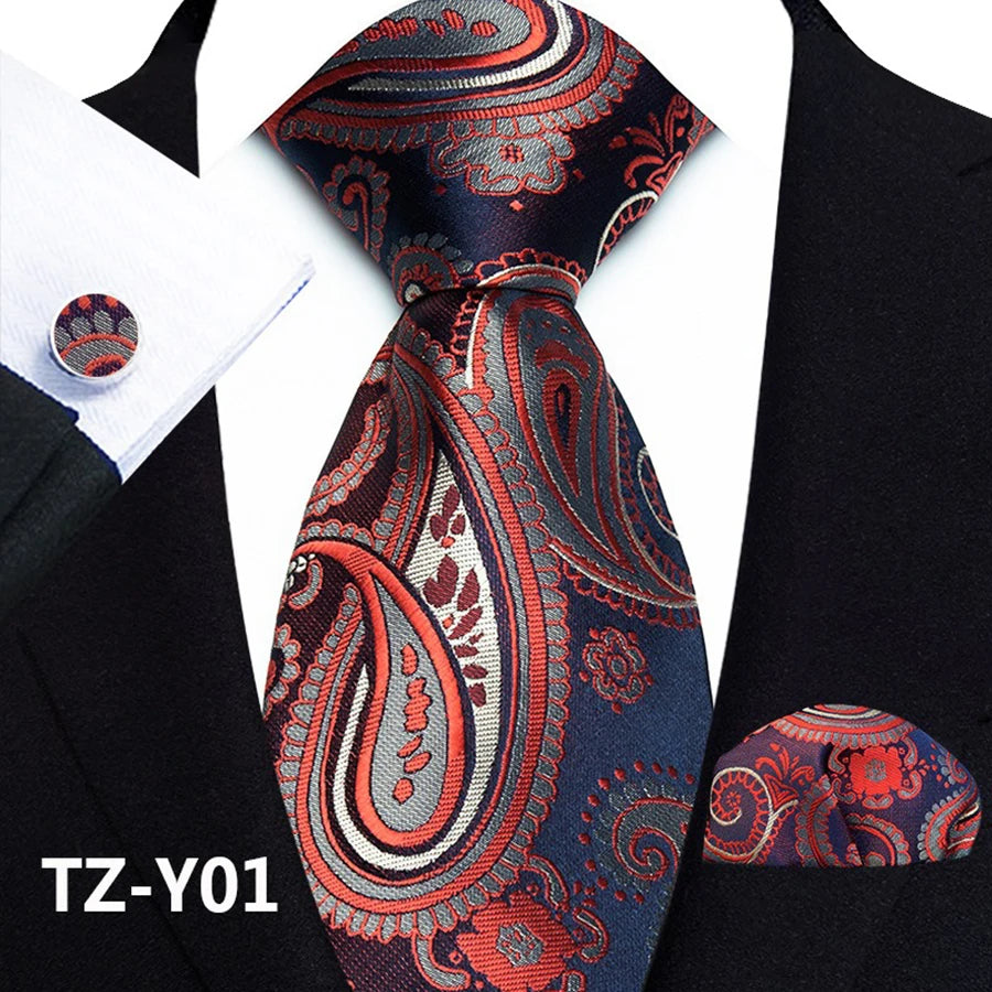 Orange Classic Paisley Silk Handkerchief Cufflinks Tie Set