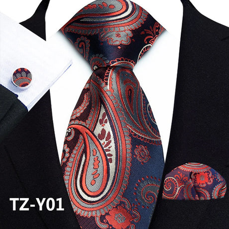 Orange Classic Paisley Silk Handkerchief Cufflinks Tie Set
