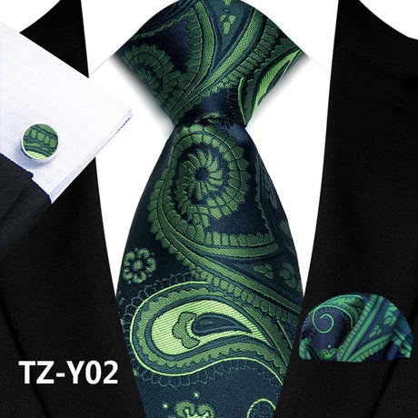 Green Classic Paisley Silk Handkerchief Cufflinks Tie Set