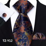 Blue Gold Classic Paisley Silk Handkerchief Cufflinks Tie Set