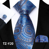 Blue Classic Paisley Silk Handkerchief Cufflinks Tie Set