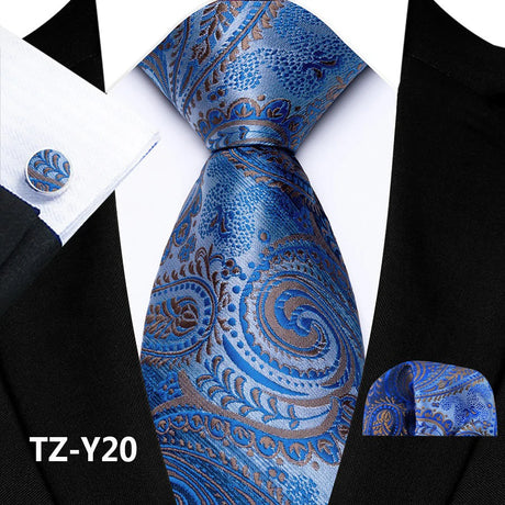 Blue Classic Paisley Silk Handkerchief Cufflinks Tie Set