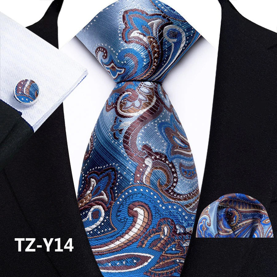 Blue Classic Paisley Silk Handkerchief Cufflinks Tie Set
