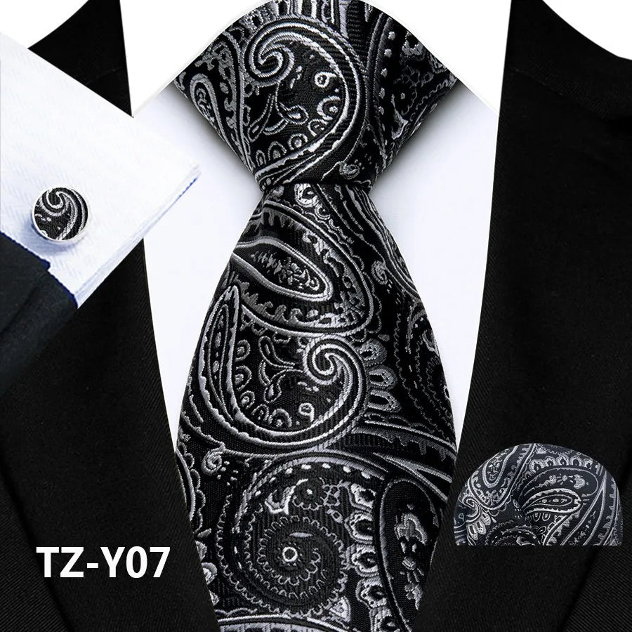 Black Silver Classic Paisley Silk Handkerchief Cufflinks Tie Set