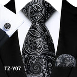 Black Silver Classic Paisley Silk Handkerchief Cufflinks Tie Set