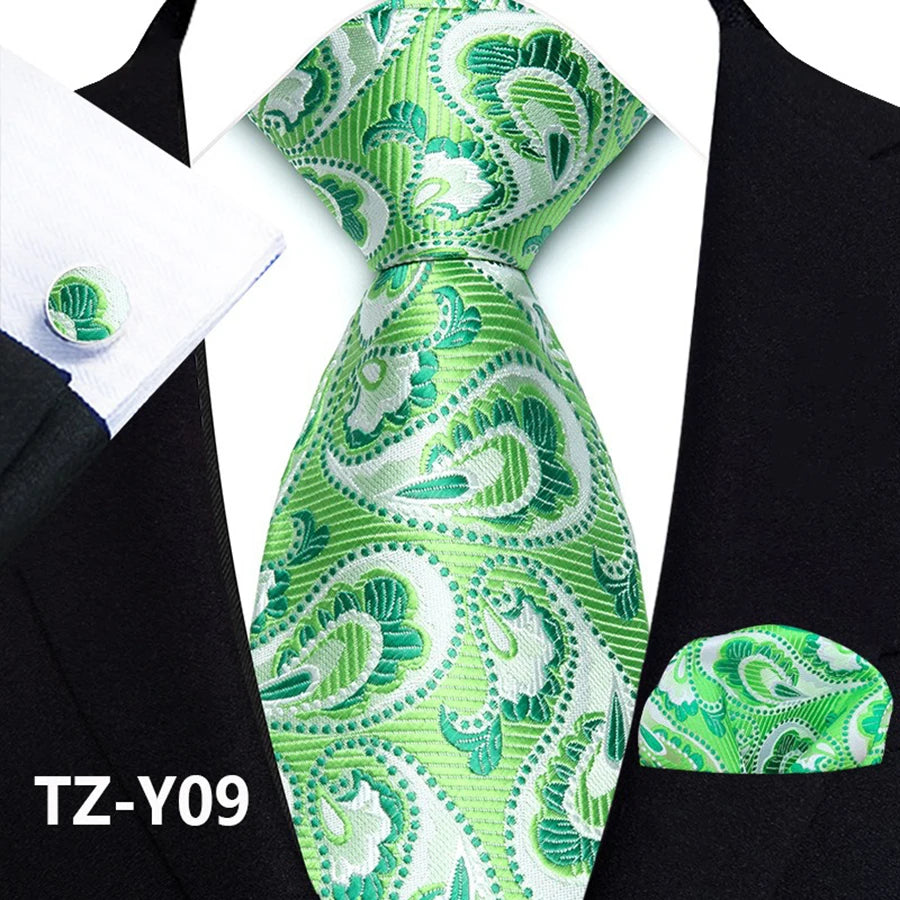 Green Classic Paisley Silk Handkerchief Cufflinks Tie Set