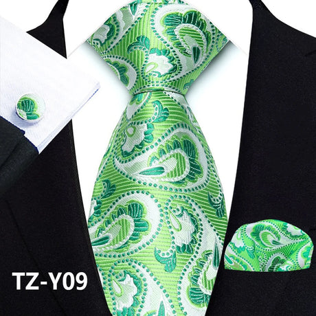 Green Classic Paisley Silk Handkerchief Cufflinks Tie Set