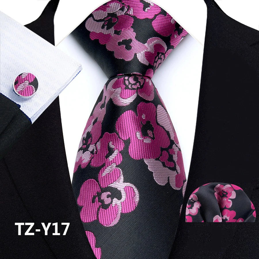 Pink Black Classic Paisley Silk Handkerchief Cufflinks Tie Set