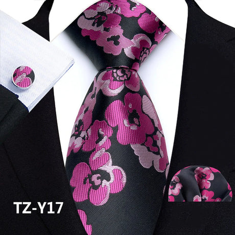 Pink Black Classic Paisley Silk Handkerchief Cufflinks Tie Set