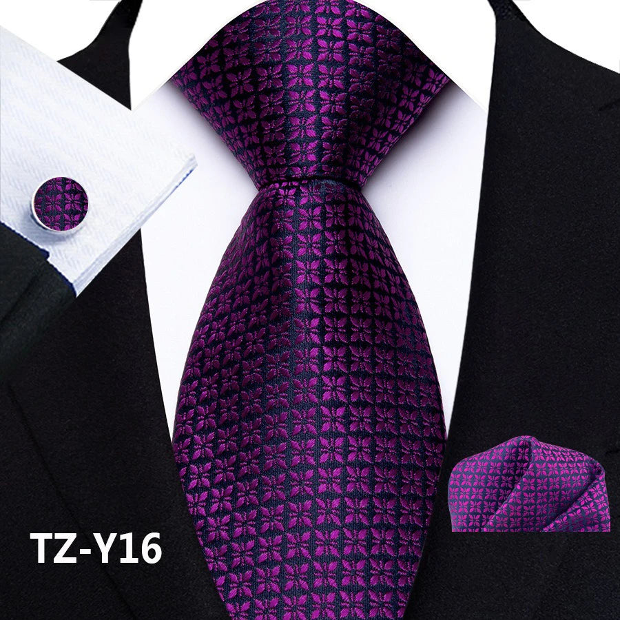 Purple Classic Paisley Silk Handkerchief Cufflinks Tie Set