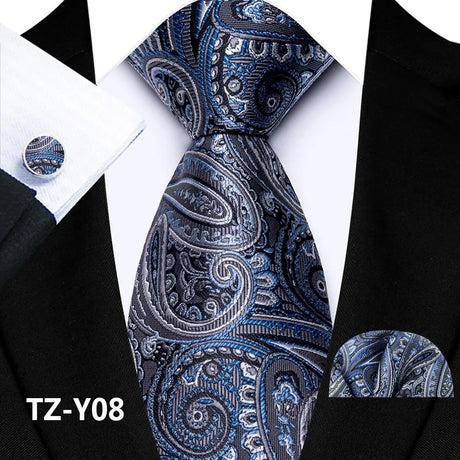Gray Classic Paisley Silk Handkerchief Cufflinks Tie Set