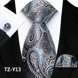 Gray Classic Paisley Silk Handkerchief Cufflinks Tie Set