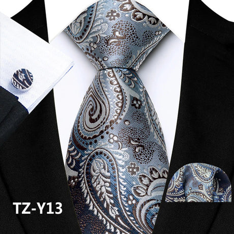 Gray Classic Paisley Silk Handkerchief Cufflinks Tie Set