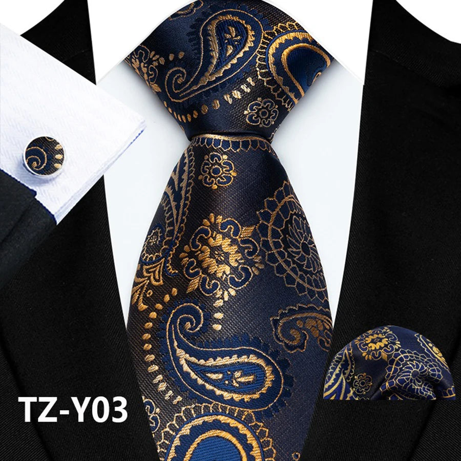 Gold Black Classic Paisley Silk Handkerchief Cufflinks Tie Set