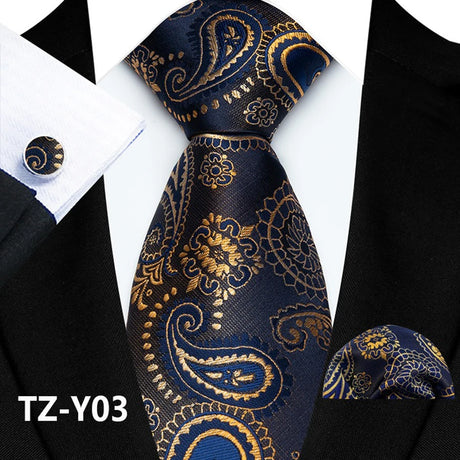 Gold Black Classic Paisley Silk Handkerchief Cufflinks Tie Set