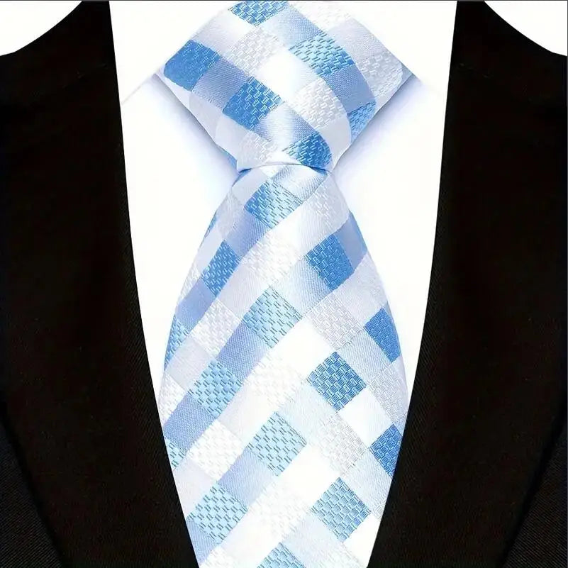 White Blue Classic Plaid & Checks Neck Tie Stripes