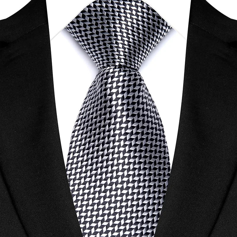 Silver Classic Polyester Stripe Plaid 8cm Tie Black Blue Printed