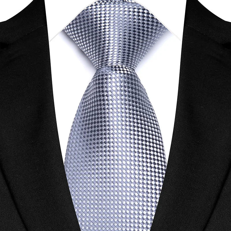 Silver Classic Polyester Stripe Plaid 8cm Tie Black Blue Printed