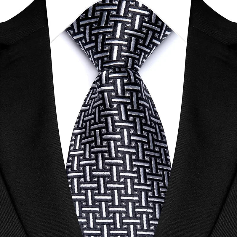 Silver Classic Polyester Stripe Plaid 8cm Tie Black Blue Printed