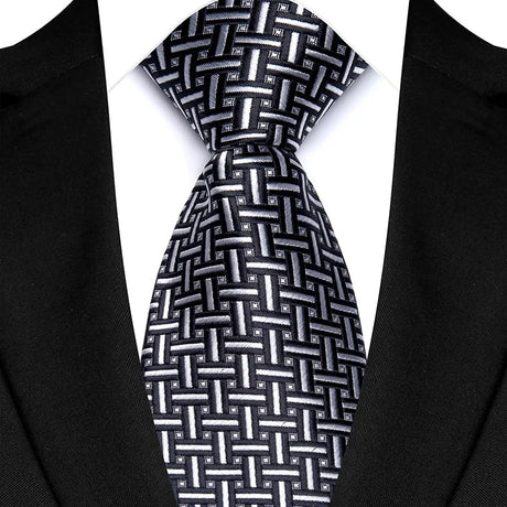 Silver Classic Polyester Stripe Plaid 8cm Tie Black Blue Printed