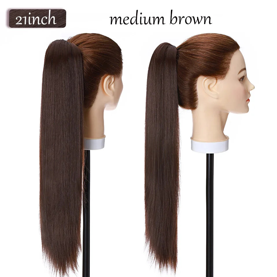long straight ponytail hairpiece medium brown
