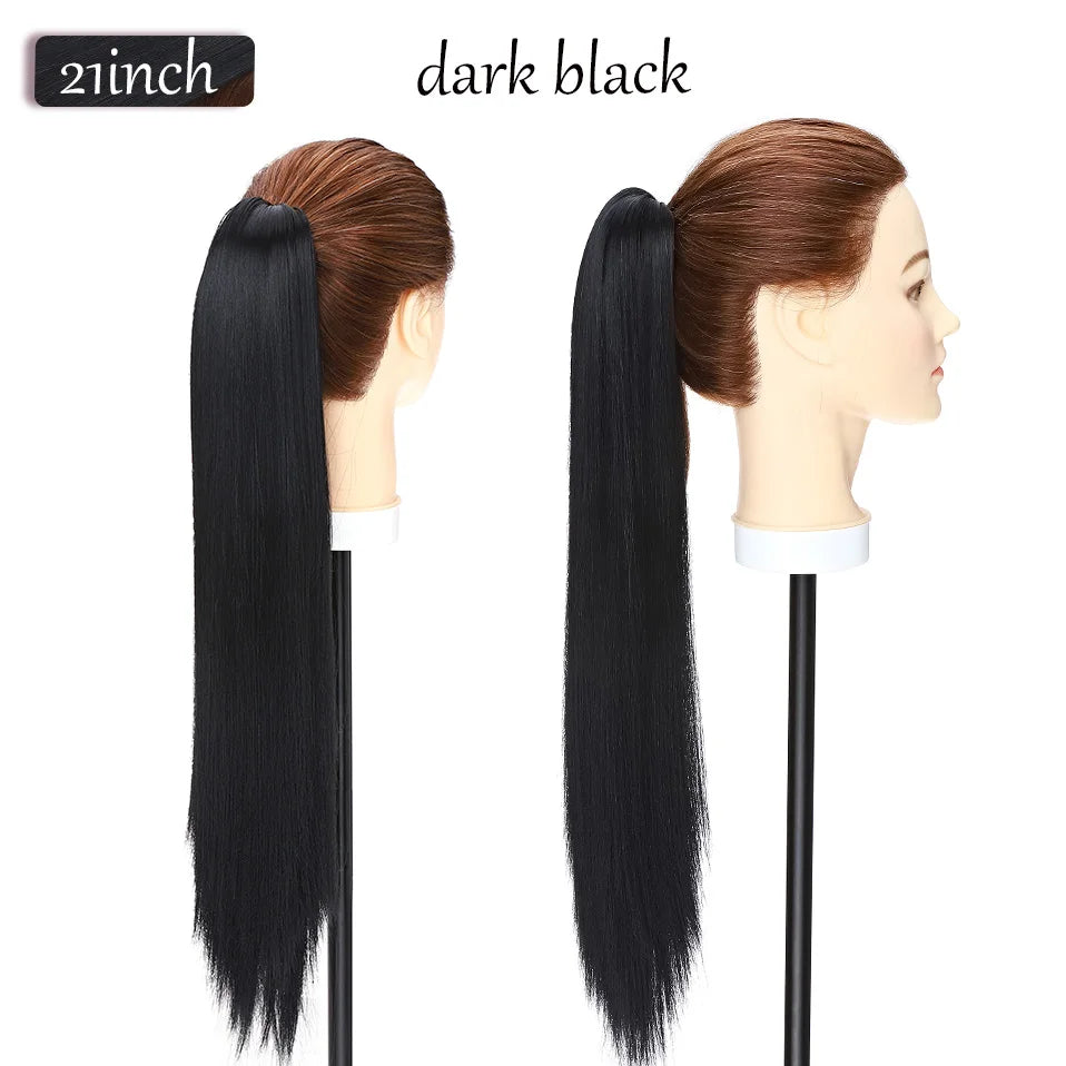 long straight ponytail hairpiece dark black