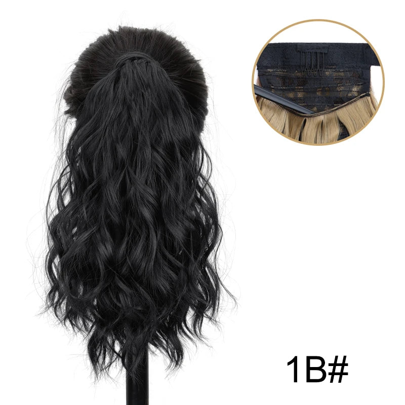 Black Clip Ponytail 14Inch Wavy Curly Wrap Hair Extension