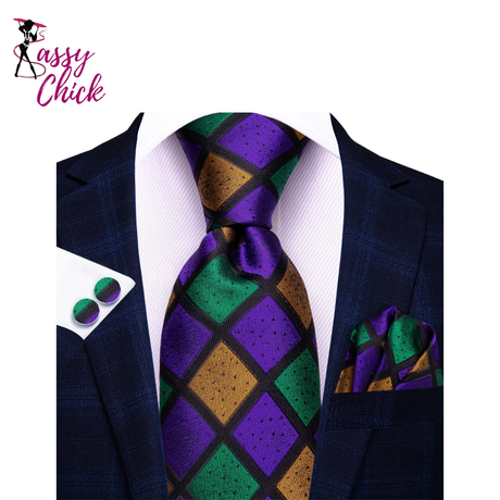 Colorful Check Male Wedding Handkerchief Cufflinks Set Necktie Sassy Chick Logo