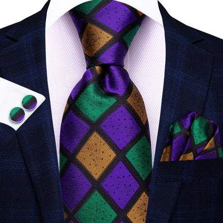 Colorful Check Male Wedding Handkerchief Cufflinks Set Necktie
