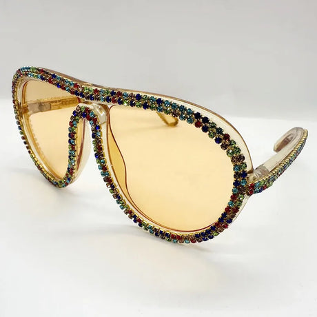 Gold Colorful Diamond Rhinestone Oversized Pilot UV400  Sunglasses