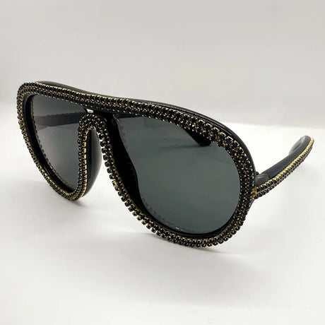 Black Colorful Diamond Rhinestone Oversized Pilot UV400  Sunglasses