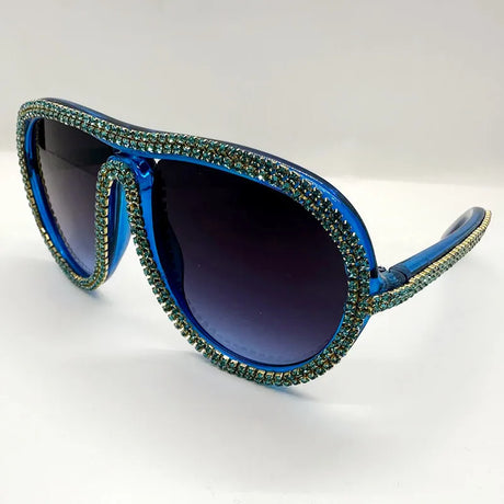 Blue Colorful Diamond Rhinestone Oversized Pilot UV400  Sunglasses