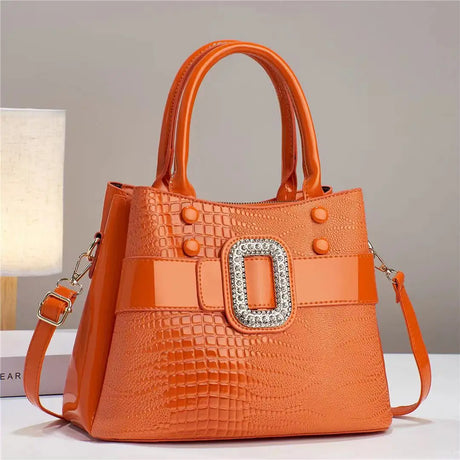 Orange Crocodile Leather Stone Pattern Ladies Handbag