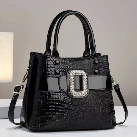 Black Crocodile Leather Stone Pattern Ladies Handbag