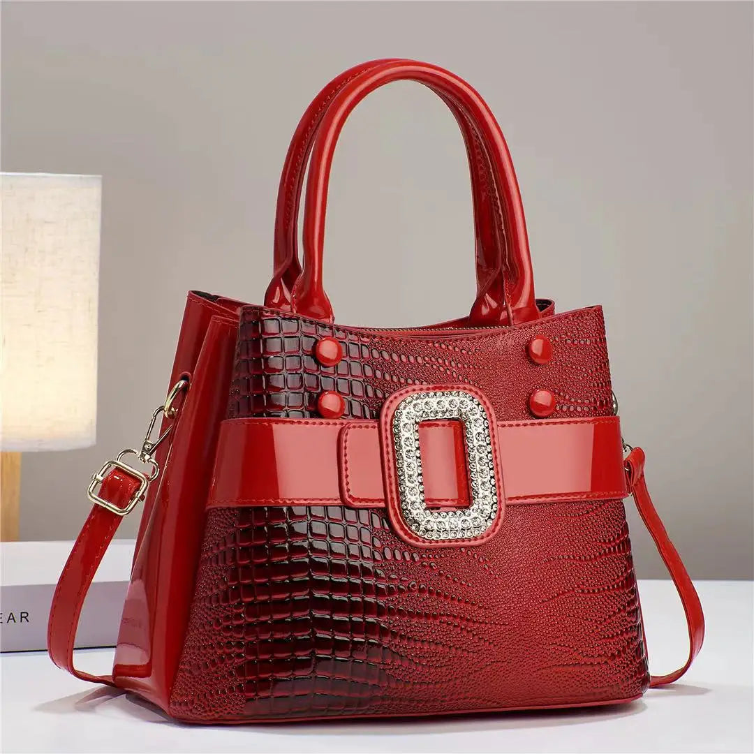Red Crocodile Leather Stone Pattern Ladies Handbag