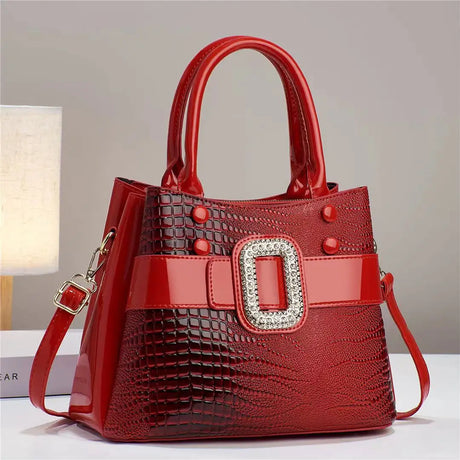 Red Crocodile Leather Stone Pattern Ladies Handbag