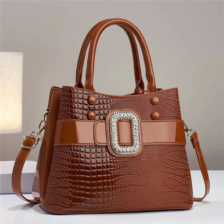 Brown Crocodile Leather Stone Pattern Ladies Handbag
