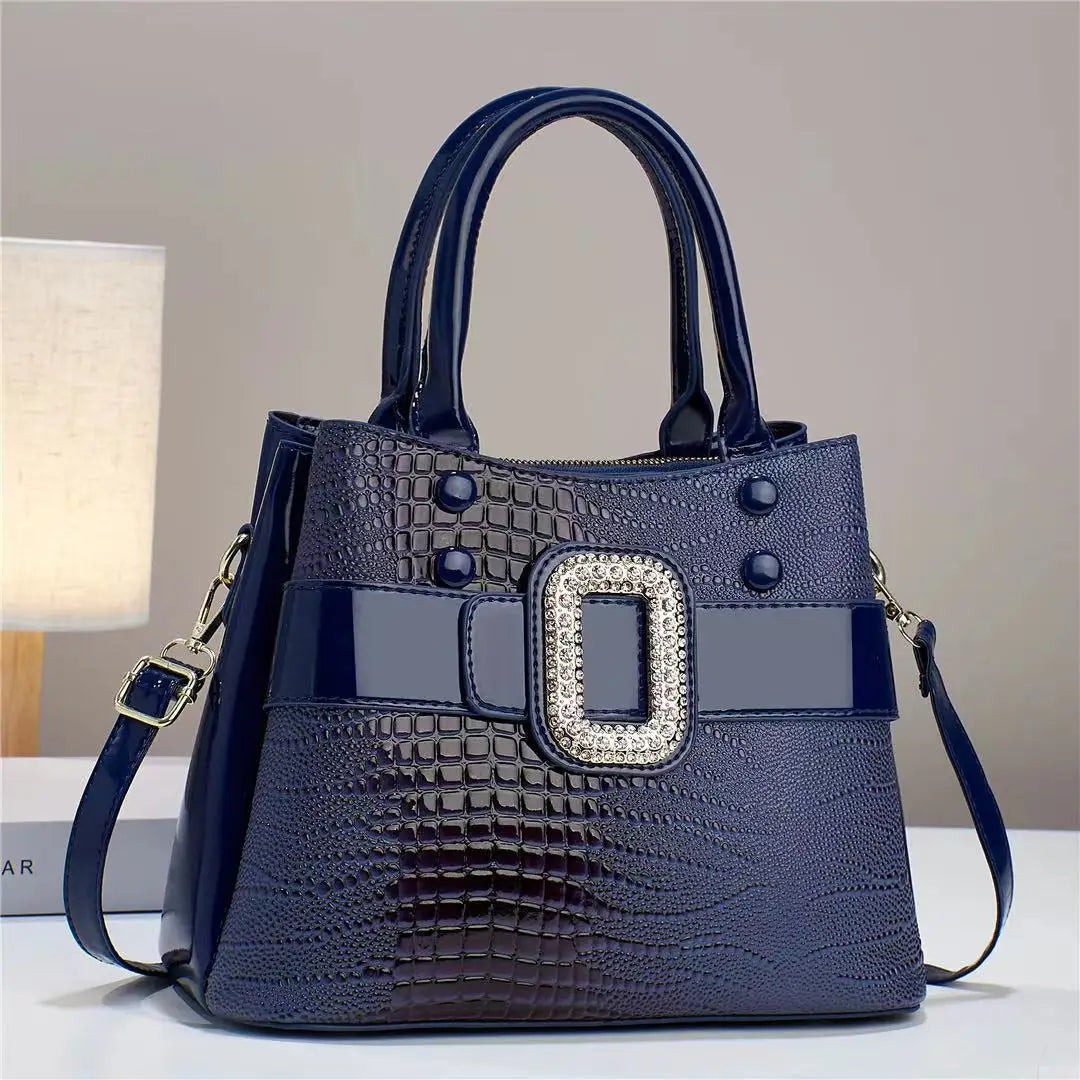 Blue Crocodile Leather Stone Pattern Ladies Handbag