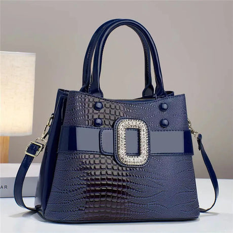 Blue Crocodile Leather Stone Pattern Ladies Handbag