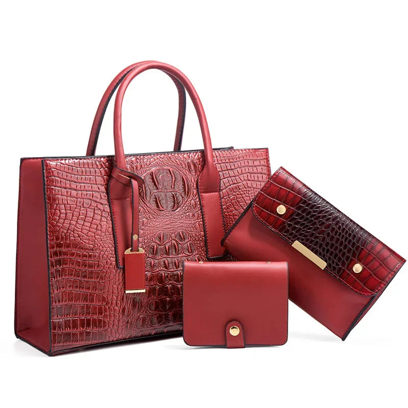 3 set red crocodile leather handbag