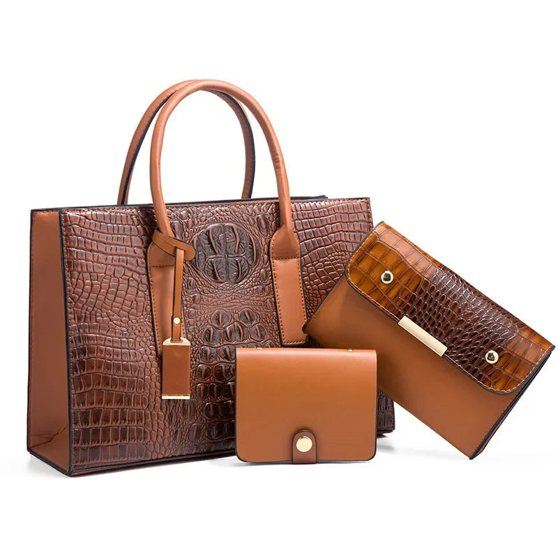 3 set brown crocodile leather handbag