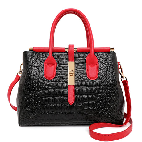 black red crocodile pattern handbag front